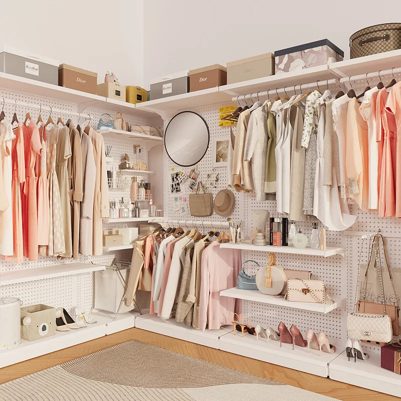 

Hole board wardrobe household bedroom easy assembly open cloakroom shelves wrought iron metal