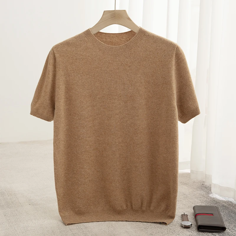 100% Australian wool knitted short sleeve loose large size round neck T half sleeve shirt solid color simple business men's wear