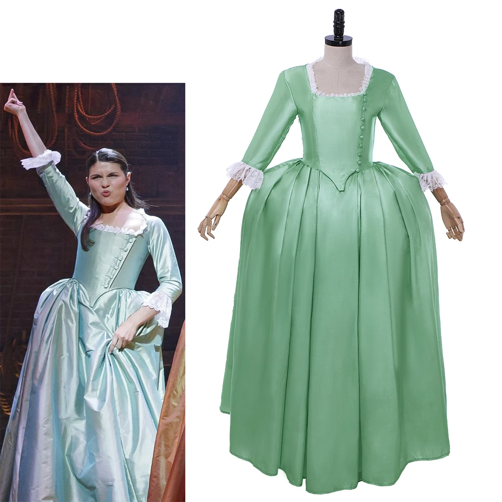 

Musical Hamilton Elizabeth Angelica Cosplay Costume Medieval Victorian Colonial Rococo Ball Gown Theatre Stage Show Green Dress