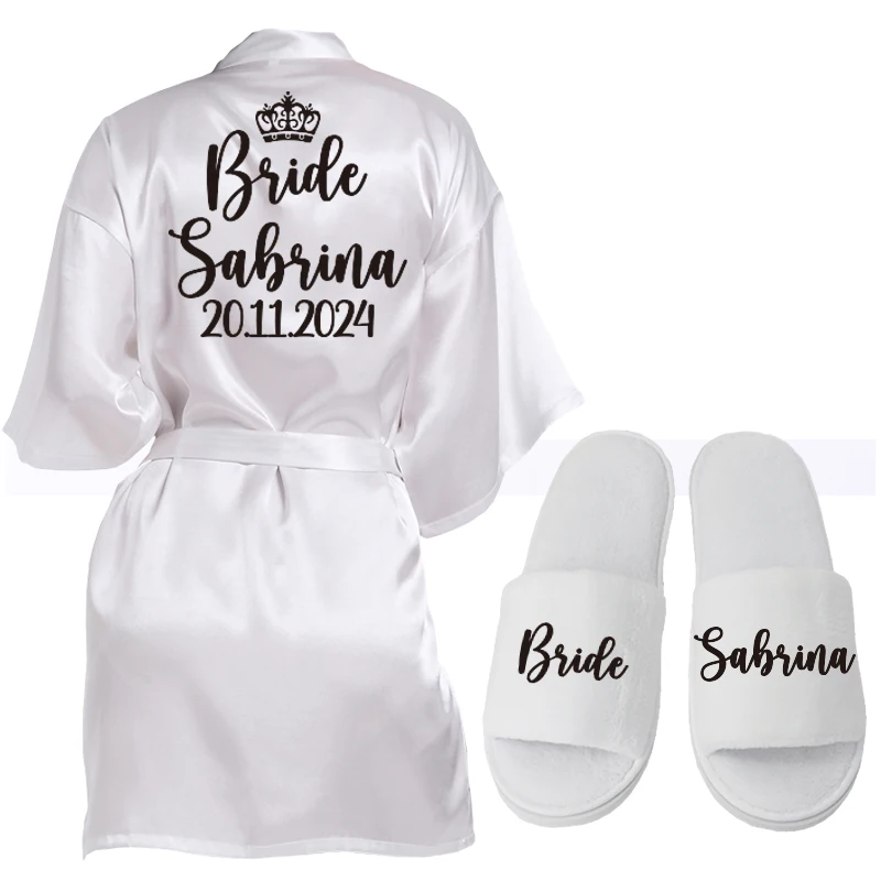 Aangepaste Logo Bruiloft Datum Naam Badjas Faux Zijde Bruids Robe Bruid Bruidsmeisje Robes Vrouw Bachelorette Preparewear