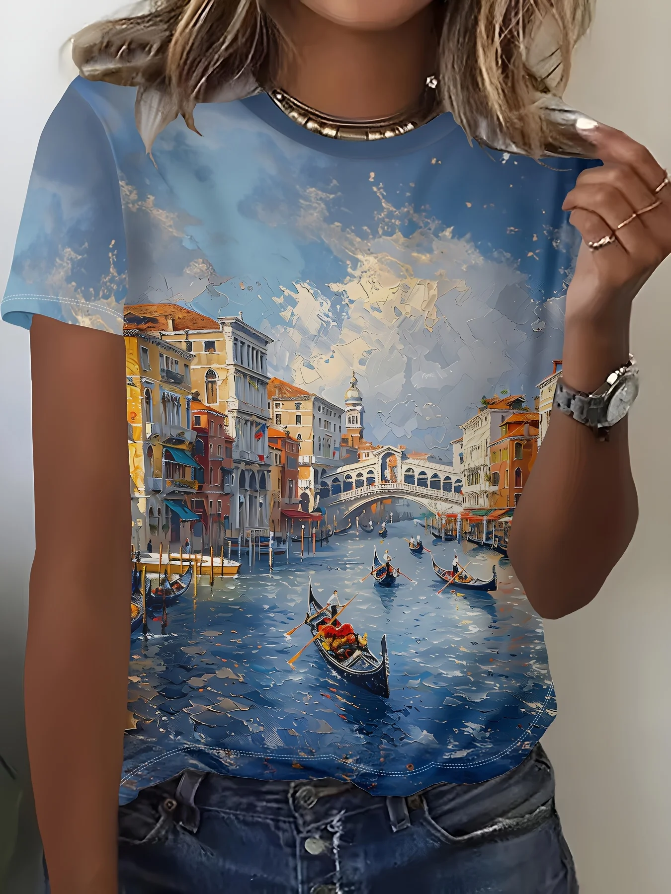 Women Crew Neck Short Sleeve T‑shirt Venice Cityscape Oil Painting Gondola Canal Scenery Art Print Casual Summer Tops