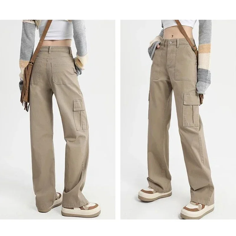 

2025 NewIn Female Multi Pockets Designer Straight Jeans Girls Fashion High Waist Cargo Pants Lady Khaki Casual Denim Trousers
