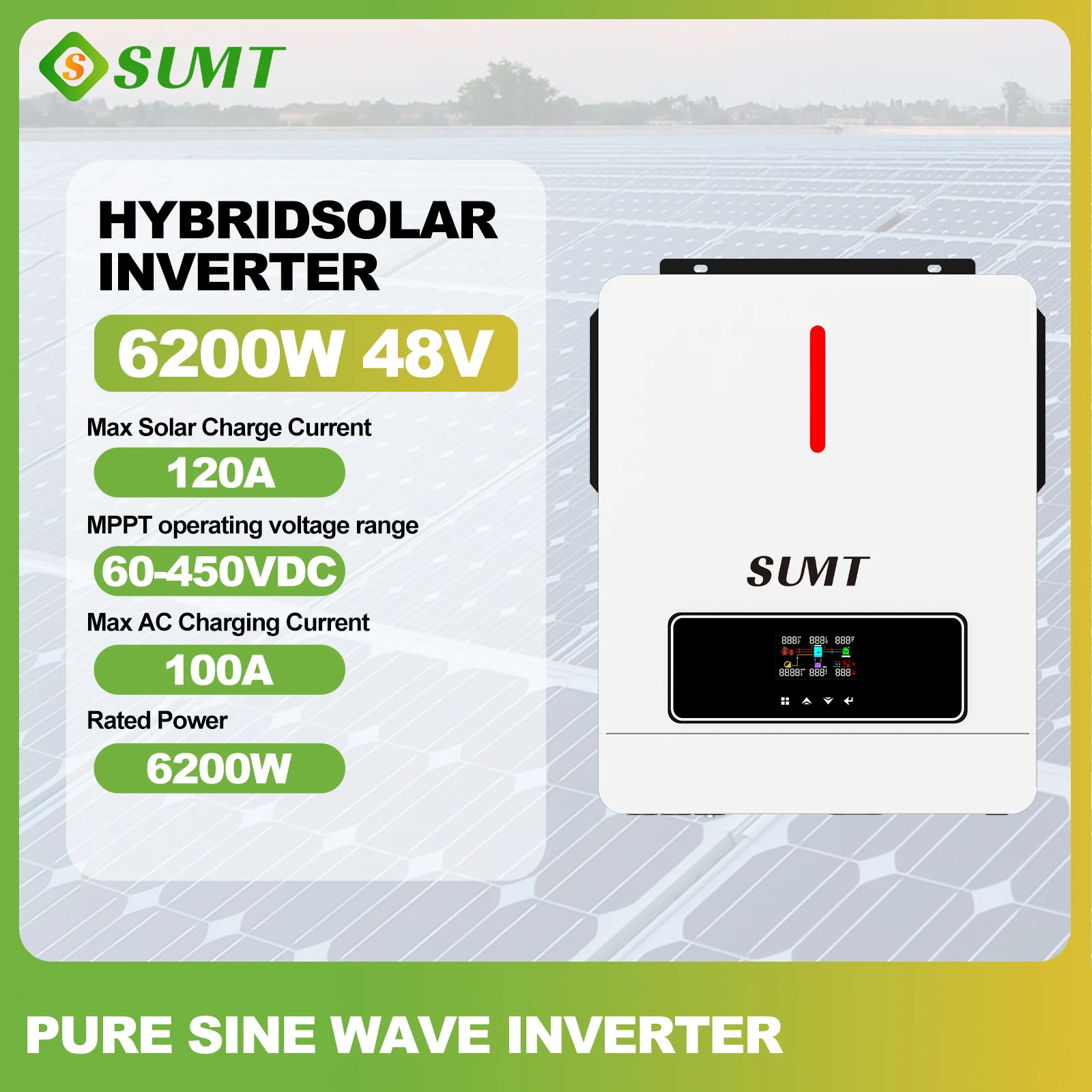 

SUMT ECO-6.2KW Dual output,MPPT 60-500VDC，Output 220/230/240VAC，120A, 48VDC Hybrid Solar Inverter can run without battery.