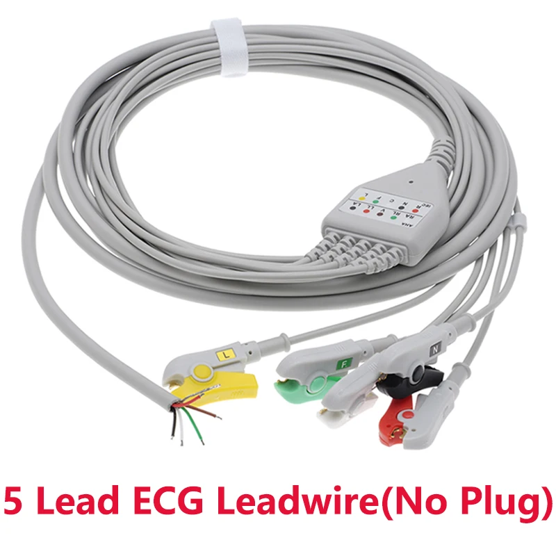 

ECG 5 Lead EKG Cable and Electrode Leadwire Hospital Equipment Cardiac Monitor Accessories,Snap/Clip,AHA/IEC,3m No Plug.