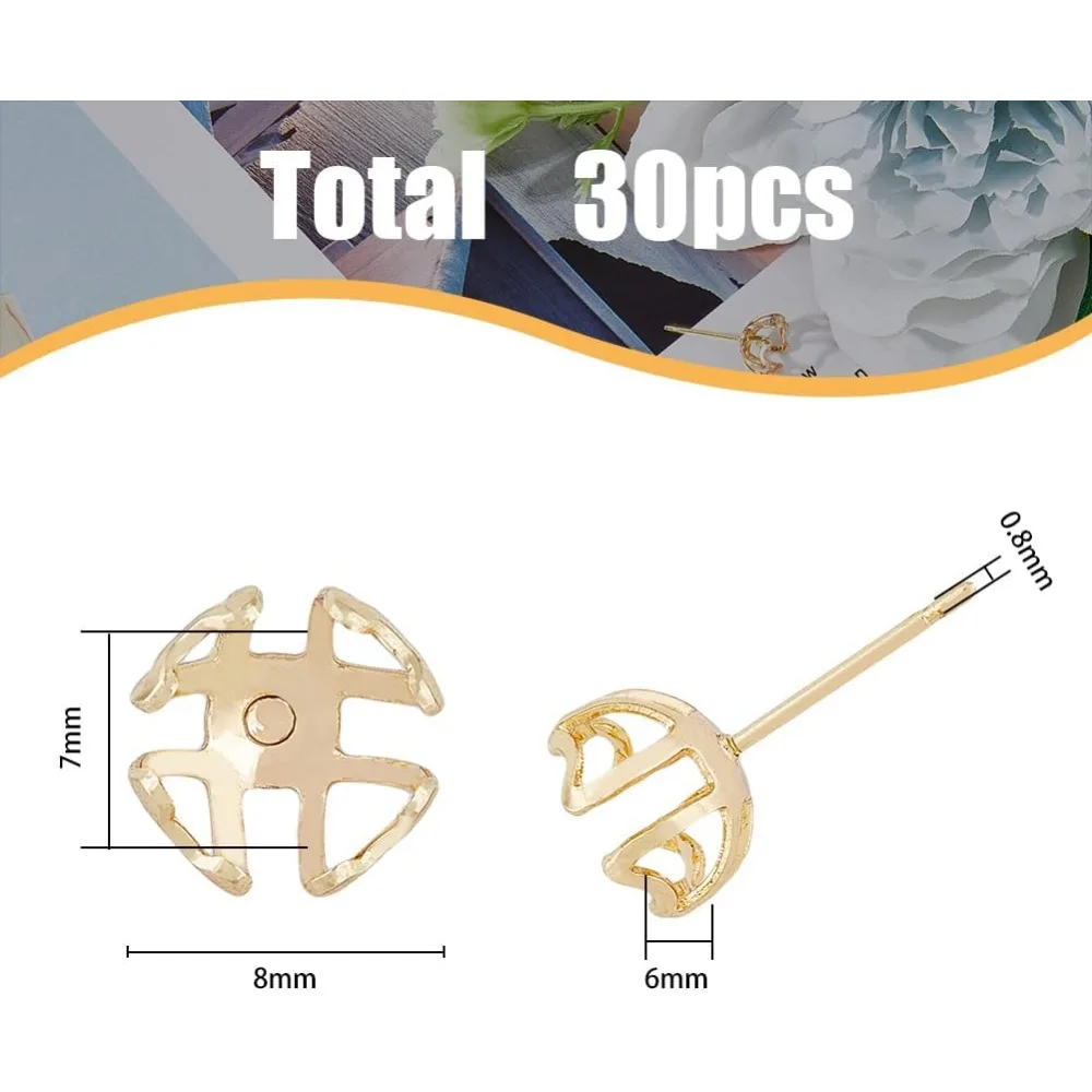30Pcs Earring Mounting 4-Heart Prong Earring Settings Pearl Beads Claw Earring Real Brass Blank Peg Post Ear Studs