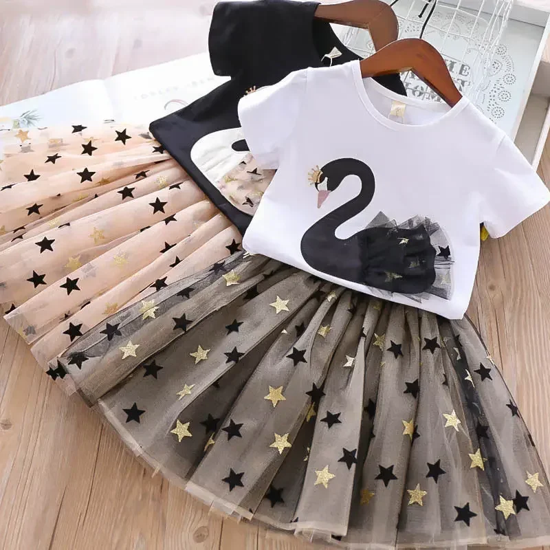 Summer kids Girls Clothing Sets Cotton Cartoon Swan T-Shirt+Sequin Skirts 2Pcs Suit Children Fashion Princess Kids Dress Outfits