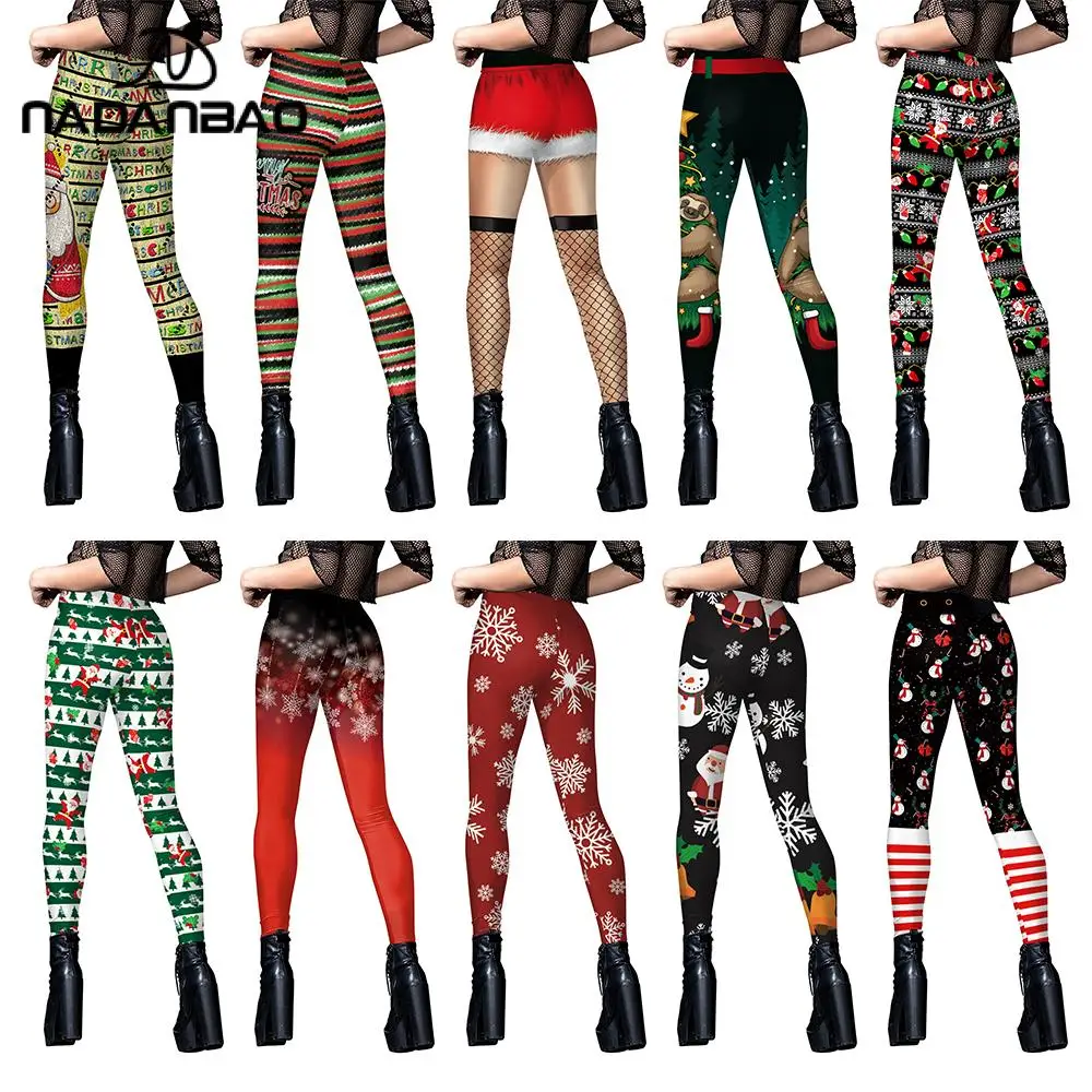 Nadanbao Womens Leggings Workout Hardlopen Gym Broek Rekbare Casual Kerst Digitale Print Panty Mid Taille Broek Slanke Legging