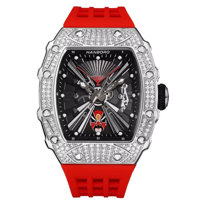 HANBORO Men Automatic Watch Tonneau Mechanical Wristwatch Waterproof Luminous Skeleton Rotatable 6 Facial Makeup Miyota Mov
