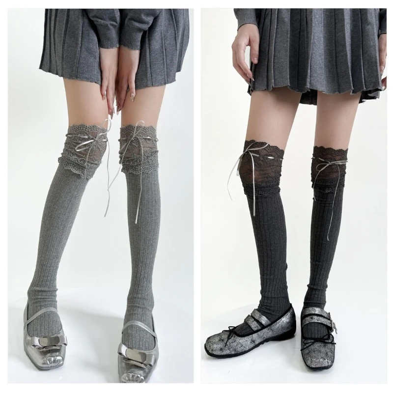 Fashion Breathable Ribbed Knit Striped Thigh High Long Stockings for Women Student Lace Splicing Bowknot Over Knee Socks