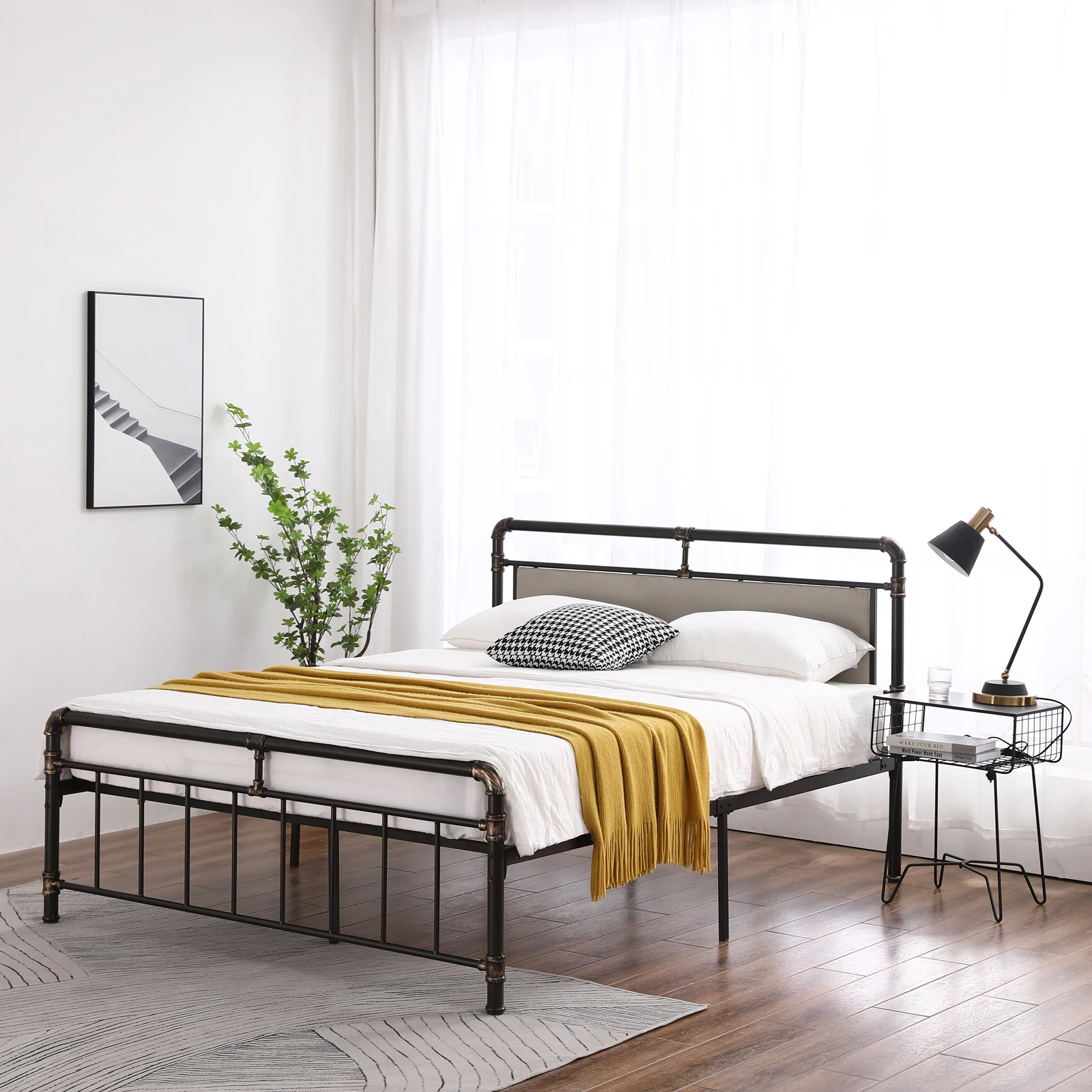 Single-Layer Bed Head and Soft Pull Buckle Bed End Standpipe Water Pipe Bed Full Black Gold-Painted Iron Bed Bedroom Furniture