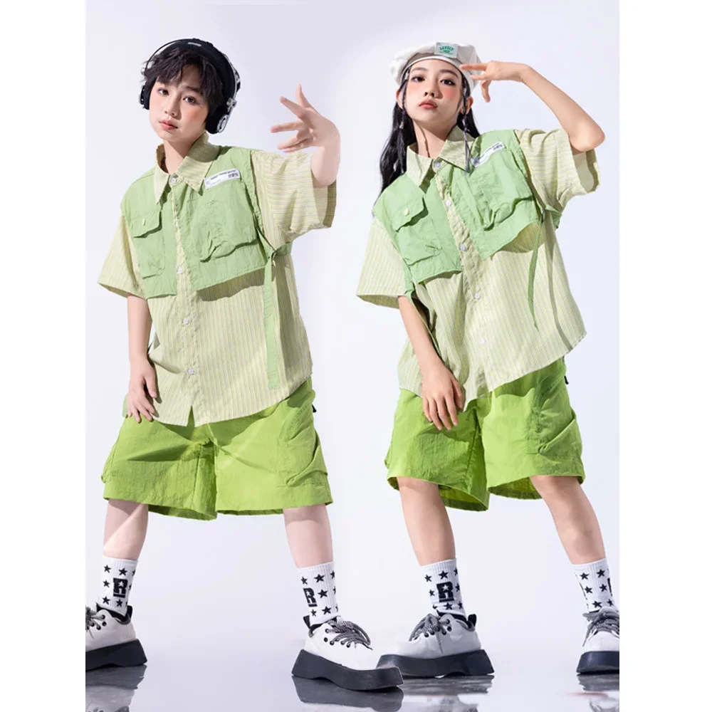 Traje de baile de Jazz para niña, Tops falsos de dos piezas, pantalones cortos verdes, conjuntos de ropa de actuación callejera de Hip Hop para niños
