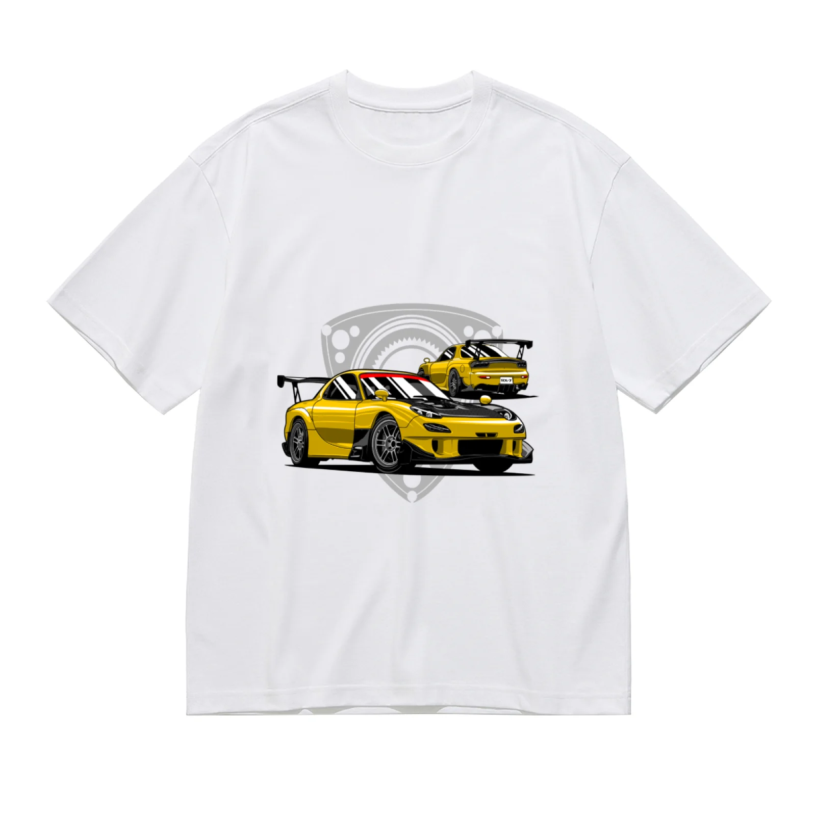 Anime Style Yellow JDM Sports Car Print White T-shirt Men's Racing Graphic Tee Casual Summer Streetwear Car Enthusiast Gift Top