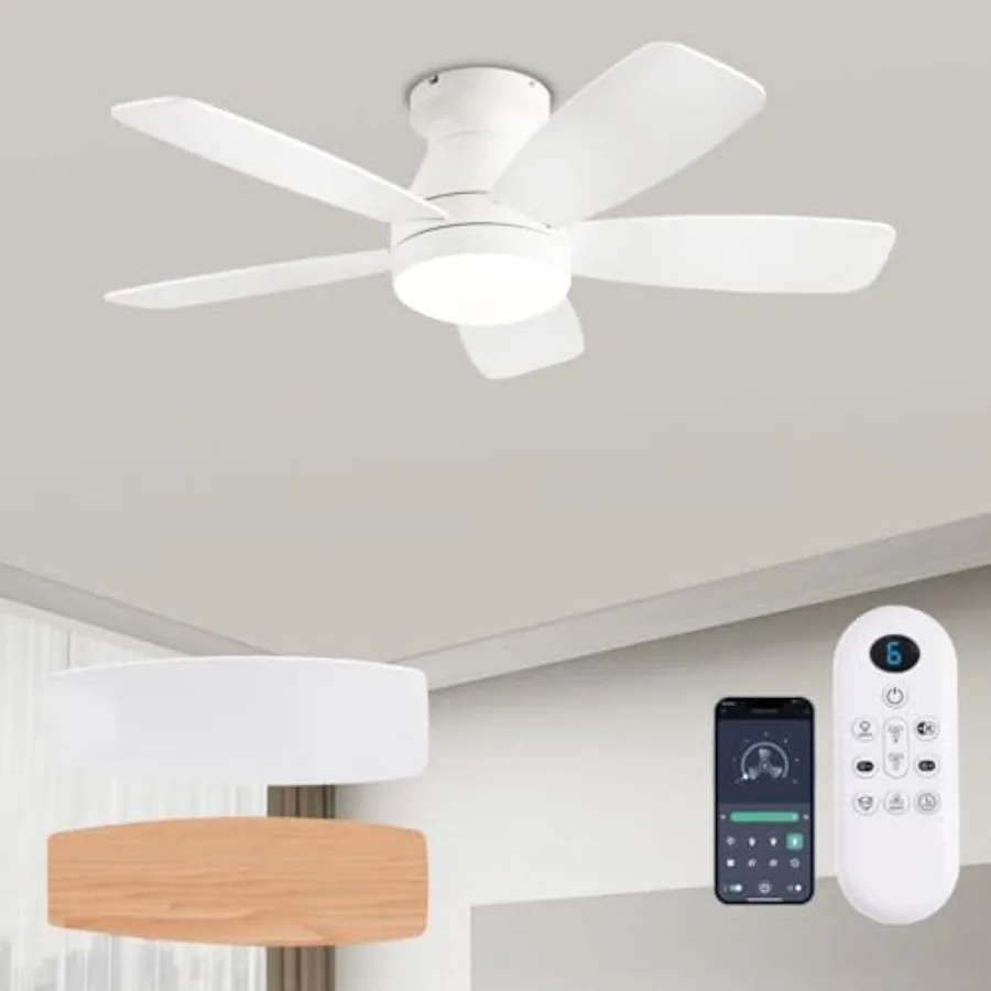

Ceiling Fans with Lights for indoor/outdoor use, white ABS plastic, 42-inch low profile flush mount, reversible quiet operation