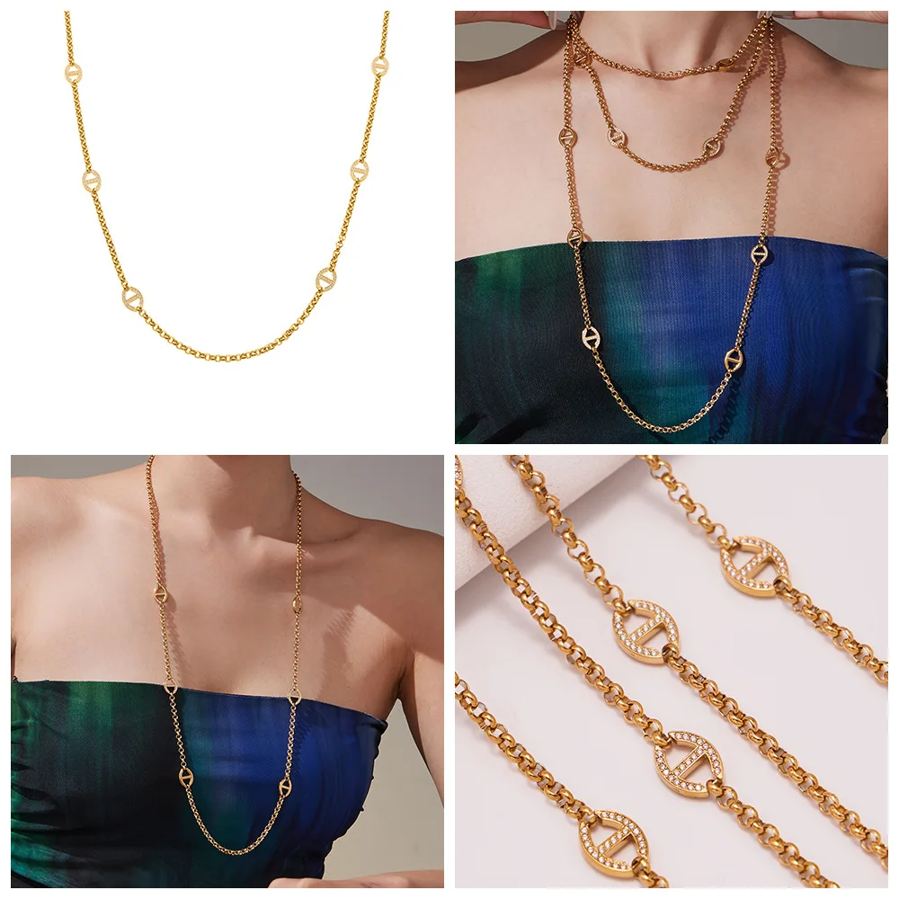 80 cm Edelstahl-Kettenhalskette für Damen, 18 Karat vergoldete Ketten, Halsketten mit eingelegtem Zirkon, Charms, Pulloverkette, lange Halskette – Detail 1