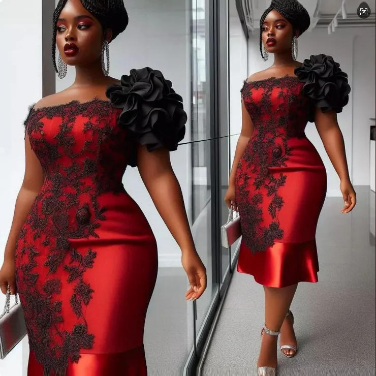 noir et rouge aso ebi robes de bal dentelle appliques volants sur l'épaule gaine robes de soirée grande taille femmes robe de soirée formelle
