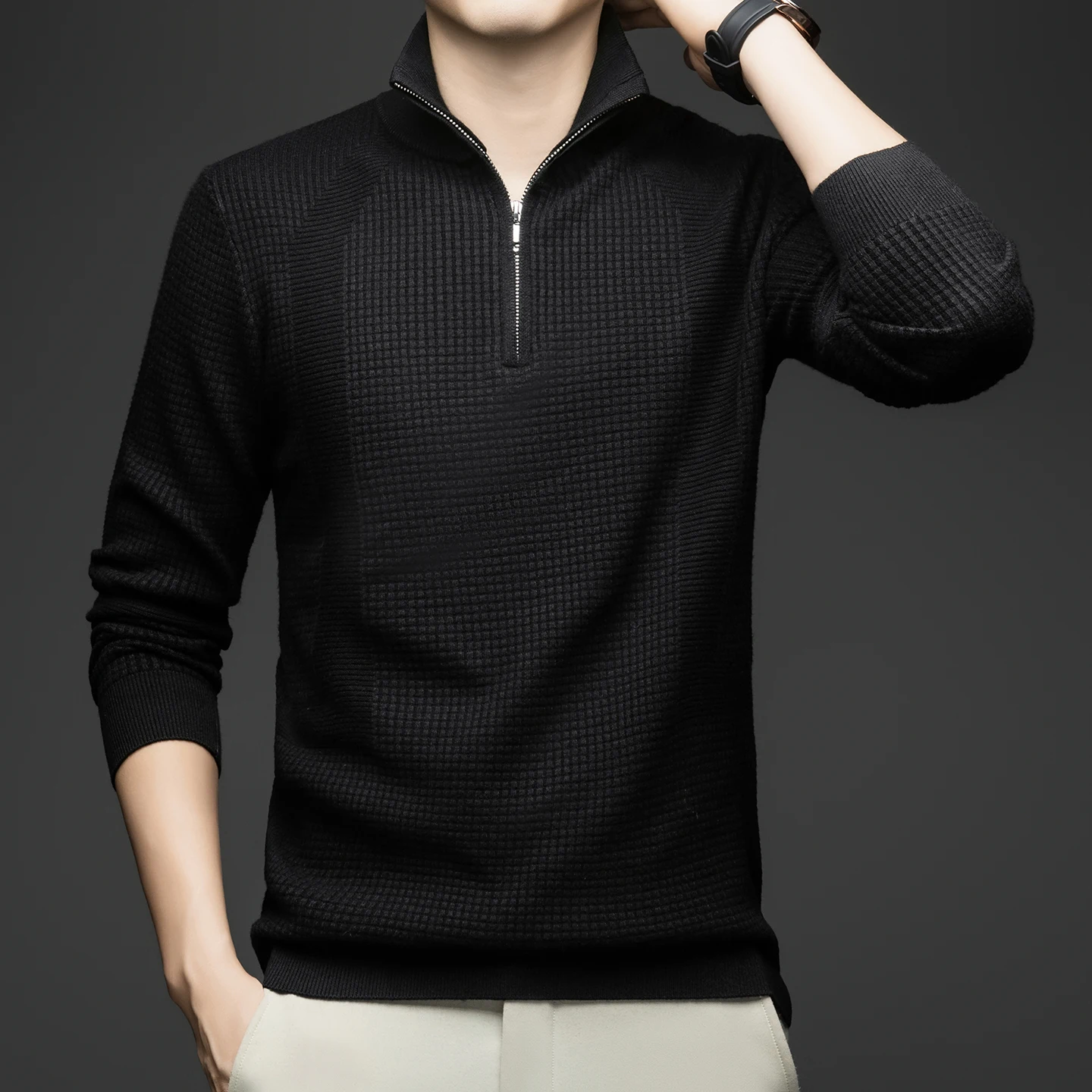 سترة رجالية جديدة موديل 2025 (بما في ذلك الصوف) بنصف سحاب لخريف وشتاء 2025 سترة متماسكة فضفاضة جديدة للرجال