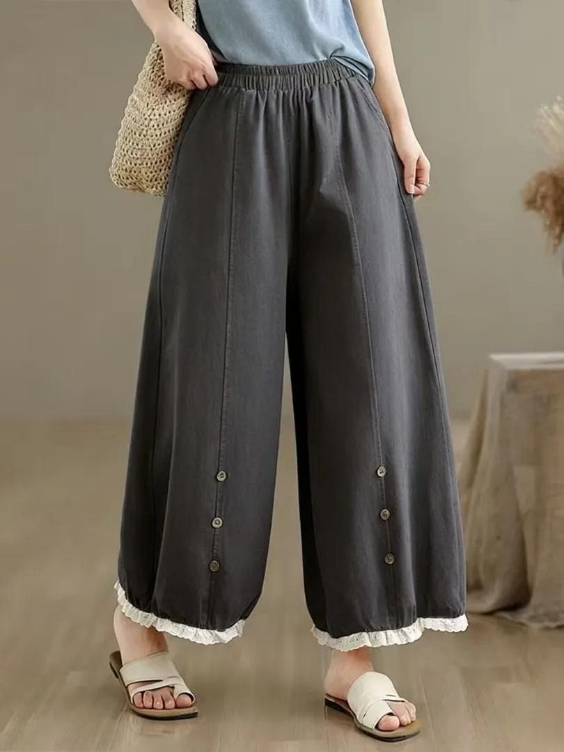 Washed Cotton Lace Splicing Flower Bud Wide Leg Pants Women Summer Thin Nine Points Loose Harlan Carrot Balloon Pants