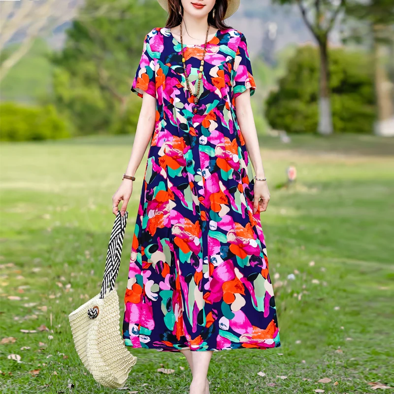 New 2025 Summer Dress For Women Plus Size Dress Casual Short Sleeve Boho Vintage Print Long Maxi Dress Beach Women Clothing