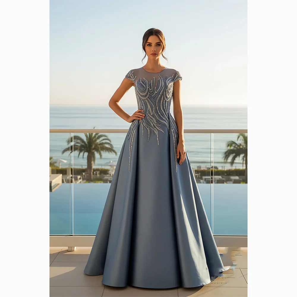 Robes de soirée élégantes manches courtes perle cristal a-ligne robes de soirée longueur de plancher robes de bal robe personnalisée 2025