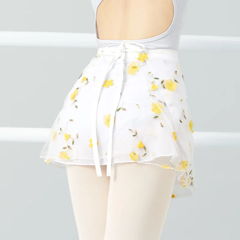 Women Ballet Dance Skirts Flower Embroidery Short Skirts Lace-up Dancing Skirt Adult Girls Dance Performance Dress Skirts