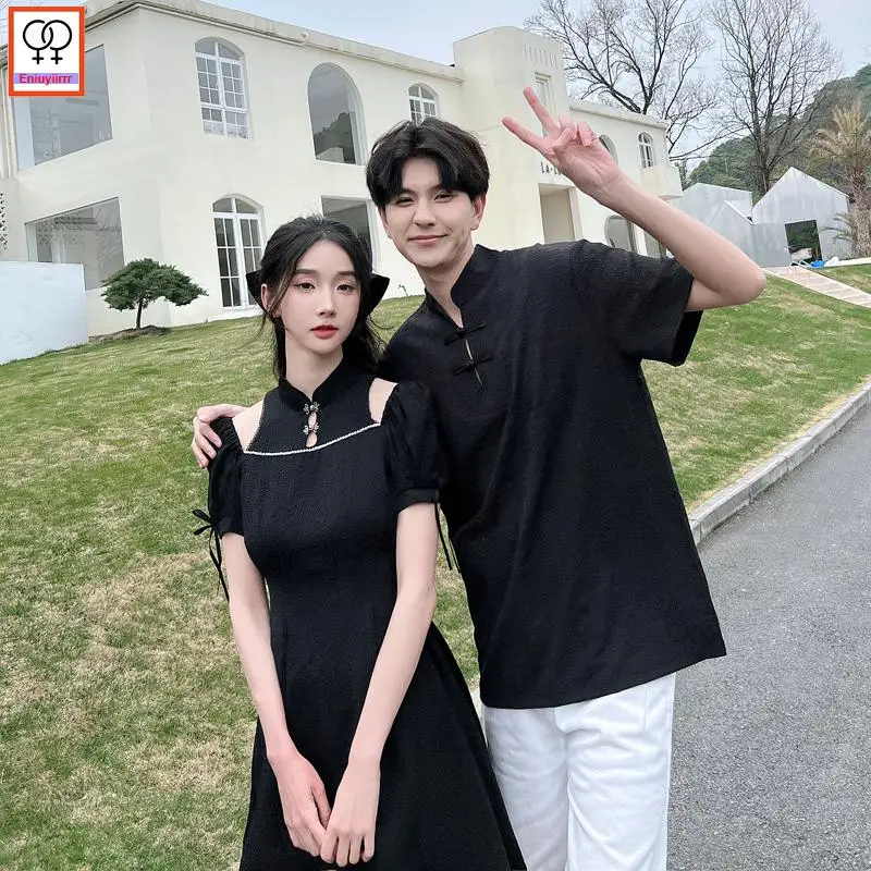 Matching Couple Clothes 2023 Holiday Honeymoon Summer Outfits Date Girls Boyfriend Female Male Lovers Retro Couple Shirt Dress