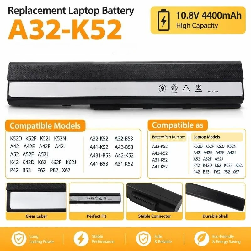 Replacement Battery for ASUS A42J A52J X42J K42J K42D K52J A32-K52 Laptop Notebook Power Supply