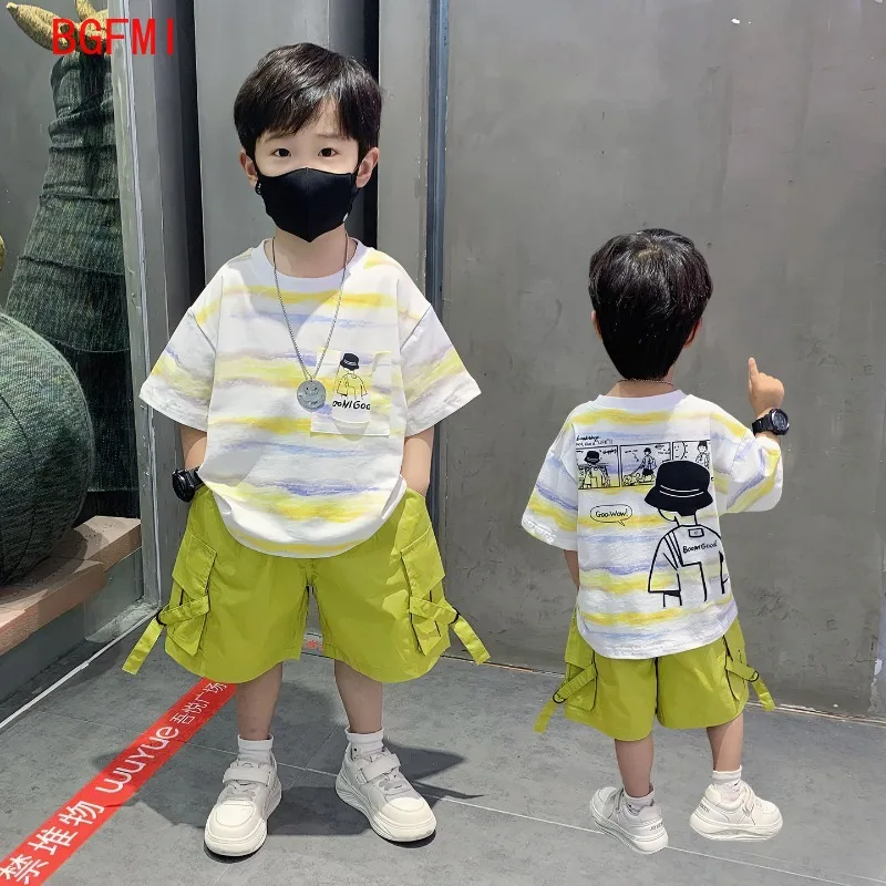 

Korean New Kids Short Sleeve Cartoon T-shirt Suit Striped Boys Summer Tops + Short Baby Outdoor Clothes 2-10Y Children's Wear