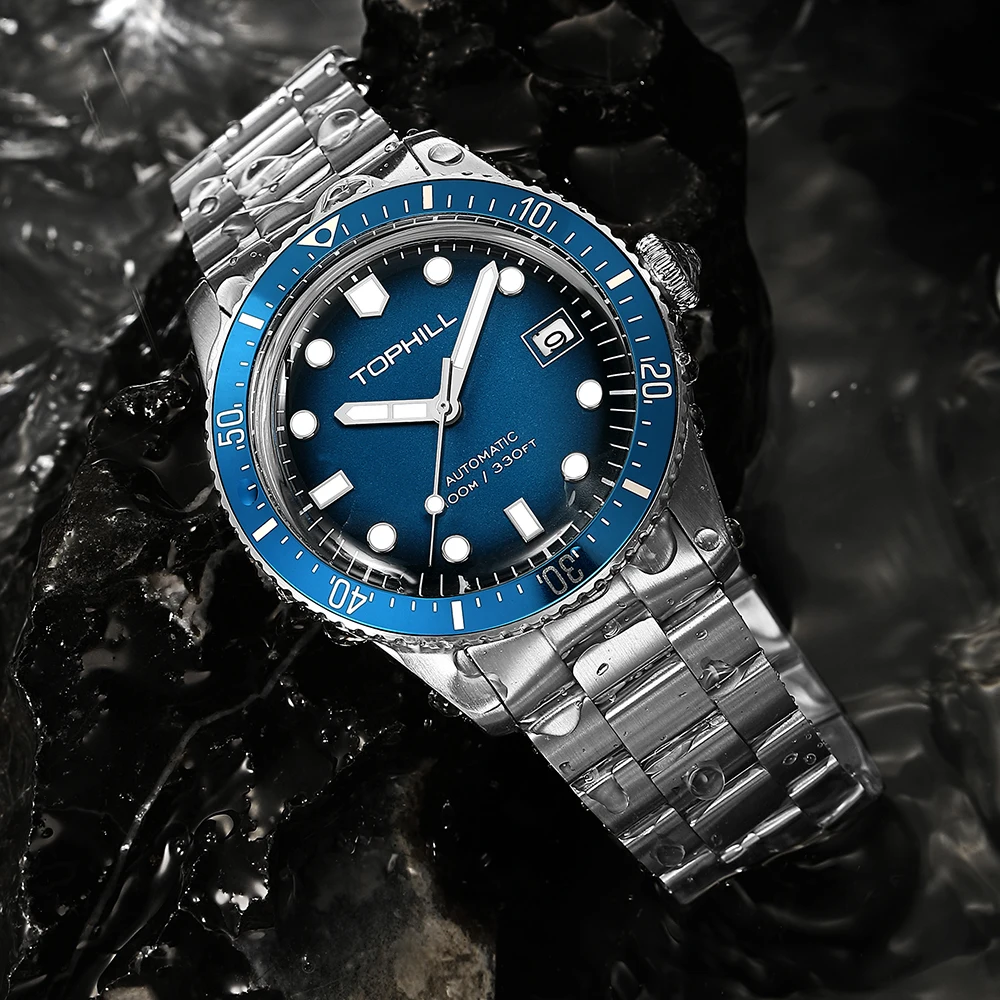 TOPHILL 40mm Mechanical Men\'s Watches NH35 Automatic Swim Aluminum Bezel 10Bar Sports Mineral Glass Luminous C3 316L TD010G