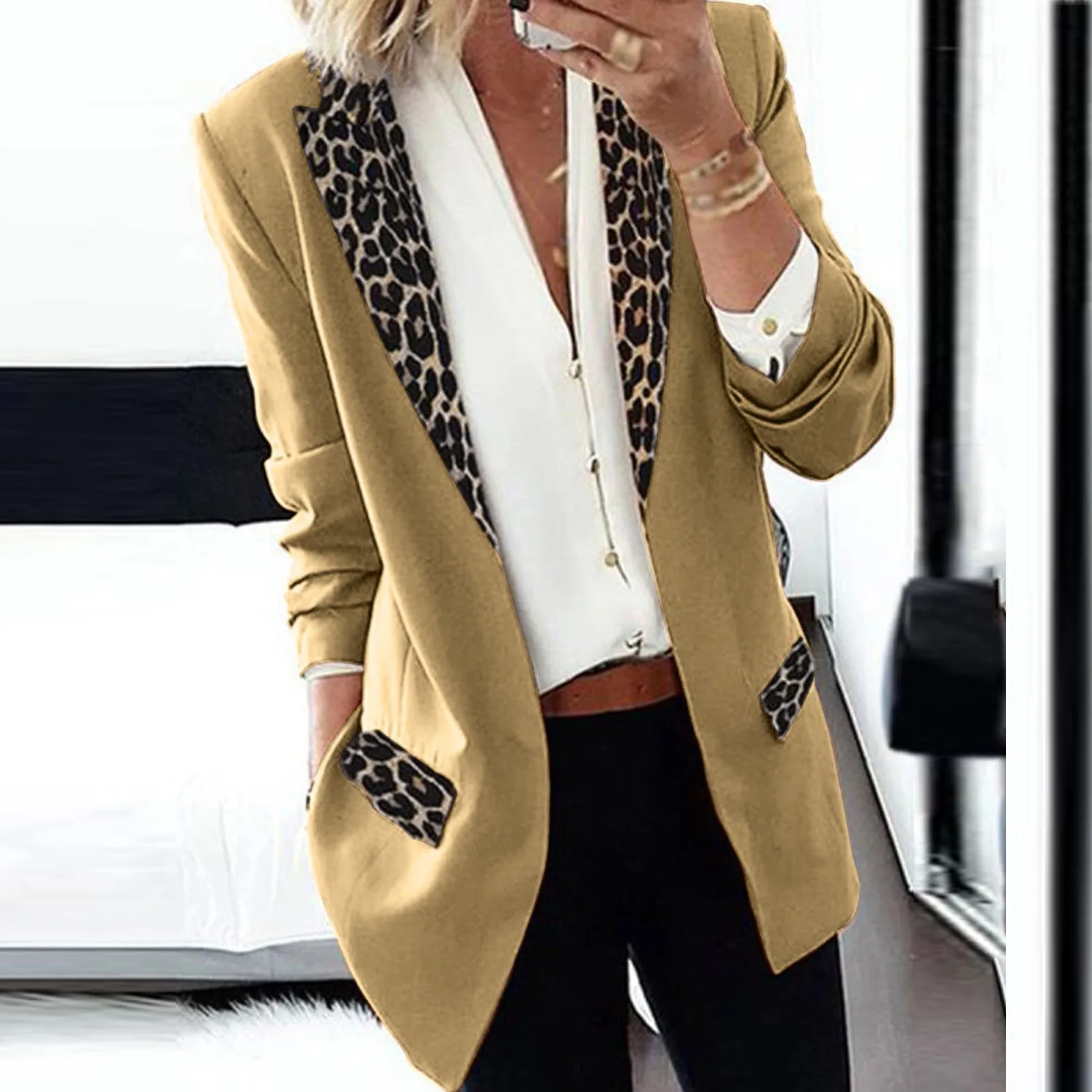 Fashion Office Lady Jacket Blazer Women Cardigan Thin Long Sleeve Leopard Print Elegant Small Suit Coat Oversize