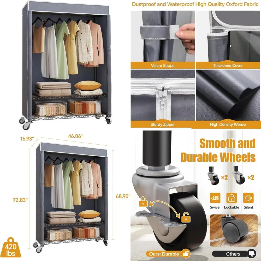 H4 Plus Rolling Clothes Rack with Cover, Heavy Duty Garment Rack, Wardrobe Closet with Wheels, Portable Closets for Hanging Clot