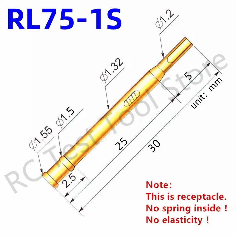 

100PCS RL75-1S Test Pin PL75-B1 Receptacle Brass Tube Needle Sleeve Seat Solder Connect Probe Sleeve 30mm Outer Dia 1.32mm