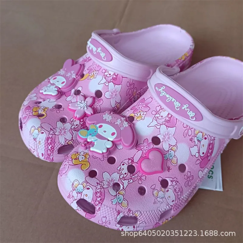 

My Melody Cartoon Garden Hole Shoes with Charms Cherry Blossom Print Non-Slip Slip On Clogs Summer Beach Slippers Birthday Gift
