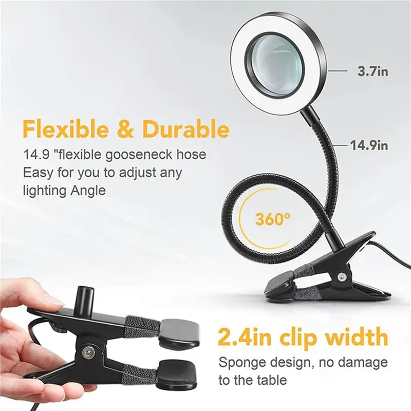 48 LED Desk Lamp Clip With 5X Magnifying Glass Light 360° Adjustable 3 Modes LED Desk Light For Bed Desk Work Crafts-2PC view 6