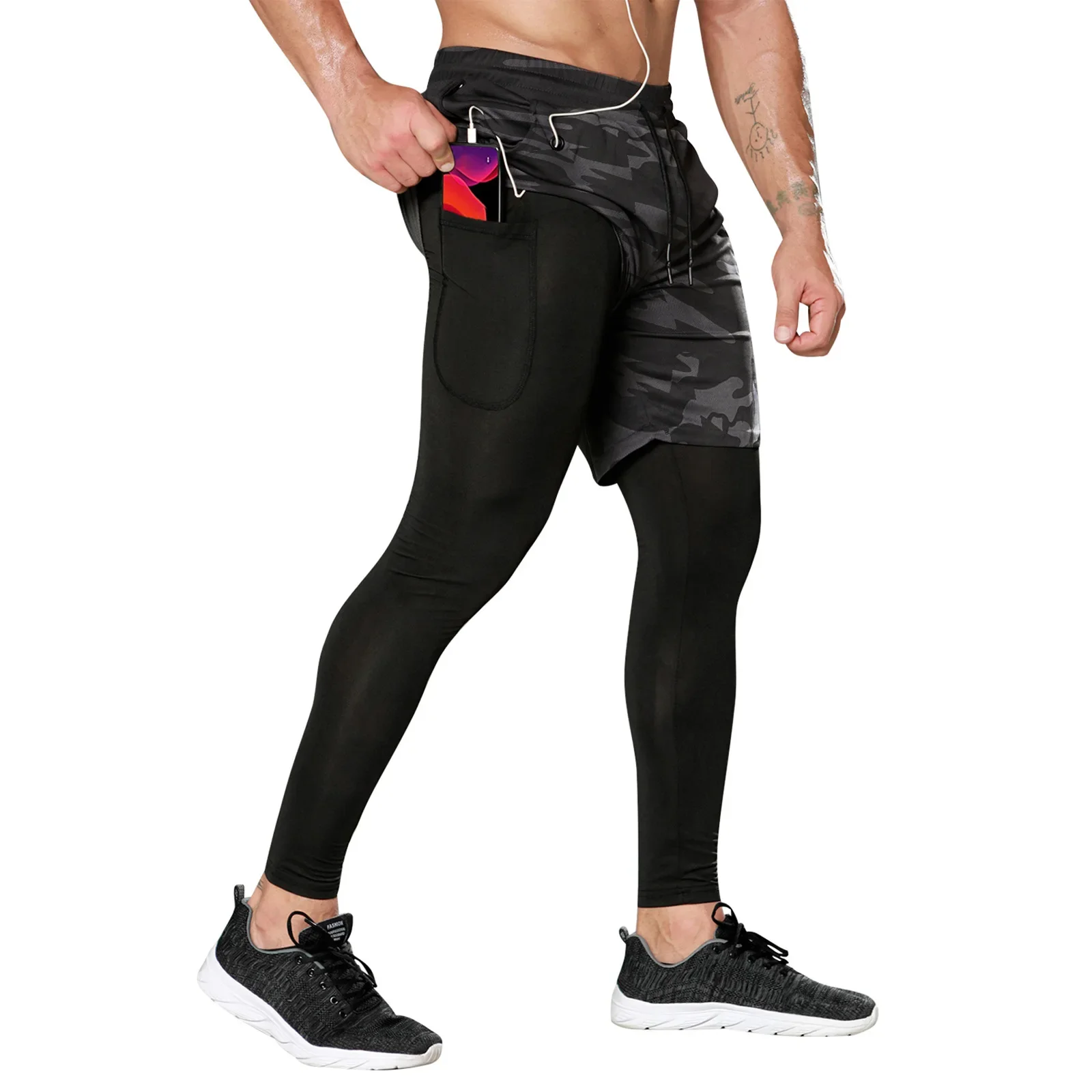 

Men's Sports Pants with Phone Pockets Gym Pants Man with Shorts Fitness Wear Workout Leggings Running Tights Training Trouser