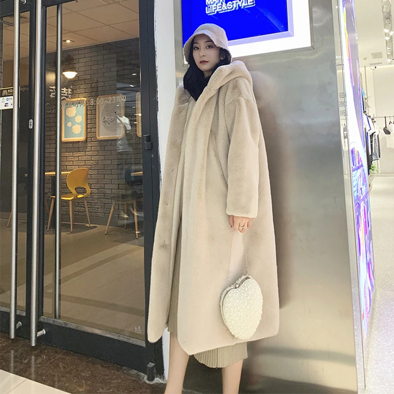 Women\'s Thickened Fur Long Coat Casual Loose Hooded Coat Winter Thermal Fleece Coat 2024 New Elegant Solid Color Coat