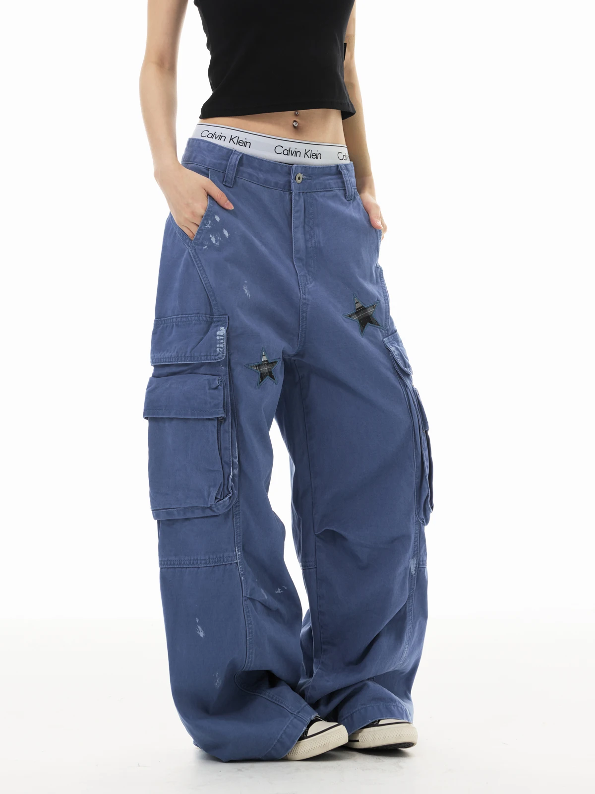 Yeboon American Workwear Pants Straight Leg Casual Women's Loose Fit Star Patterned Blue Cotton Trousers for Neutral Wear