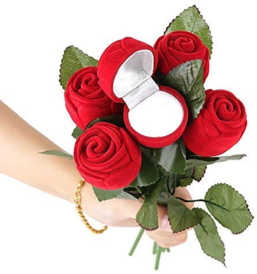 Creative Rose Flower Ring Box Flocking Flowers Wedding Engagement Marriage Valentine Day Gift Rings Box Jewelry Package Cases