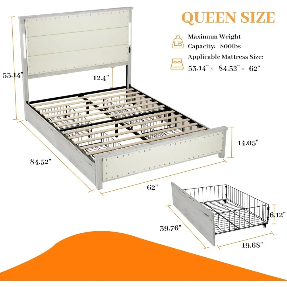 Queen  Size Bed Frame with Linen Upholstered Headboard Iron Platform Bed with Touch Light Belt Built-in Charging Station