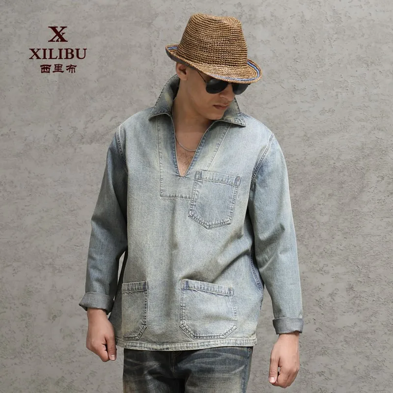 Amekaji American Retro Cotton Denim Long Sleeve Pullover Workwear Shirt Men's Brushed White Washed Distressed