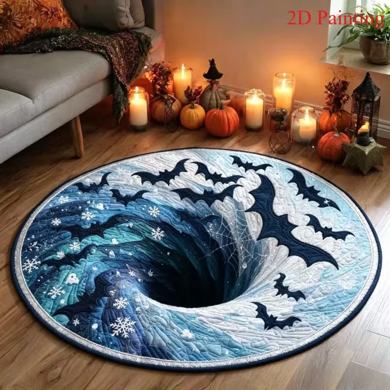 Halloween Dungeon Ghost 3D Optical Illusion Round Rug, Stone Well Moon Tomb Bat Pumpkin Lantern Print, Household Decor