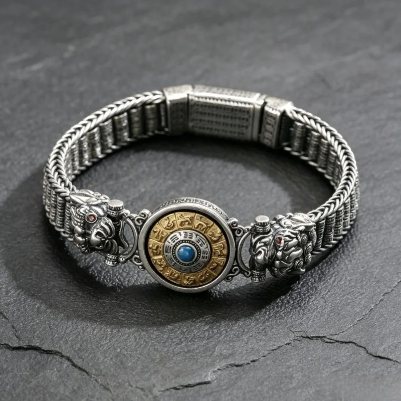 Vintage Six-Character Mantra Bracelet, Retro Distressed Punk Bangle, Hand Carved Exquisite Trendy Jewelry Gift for Men & Women