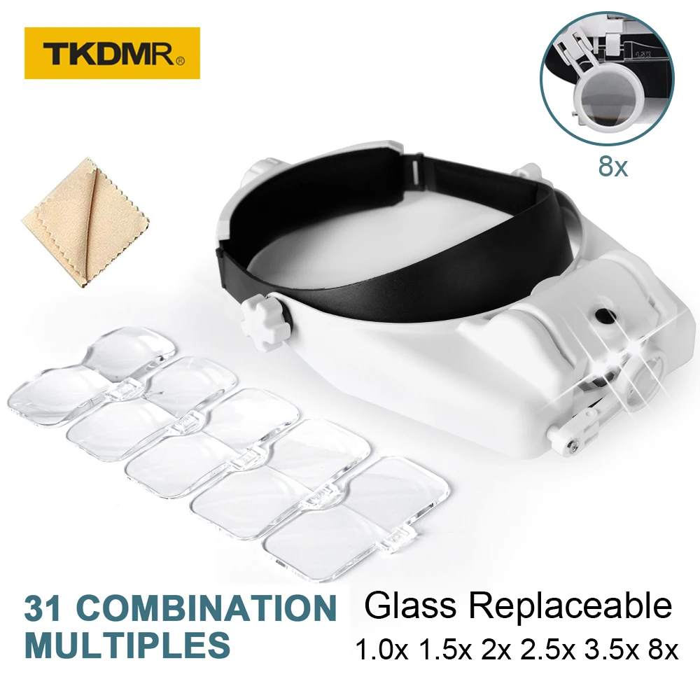 

TKDMR Headband Magnifier Illuminated Magnifying Glass with 3Led Battery Loupe for Jewelry Watch Electronic Repair Embroidery