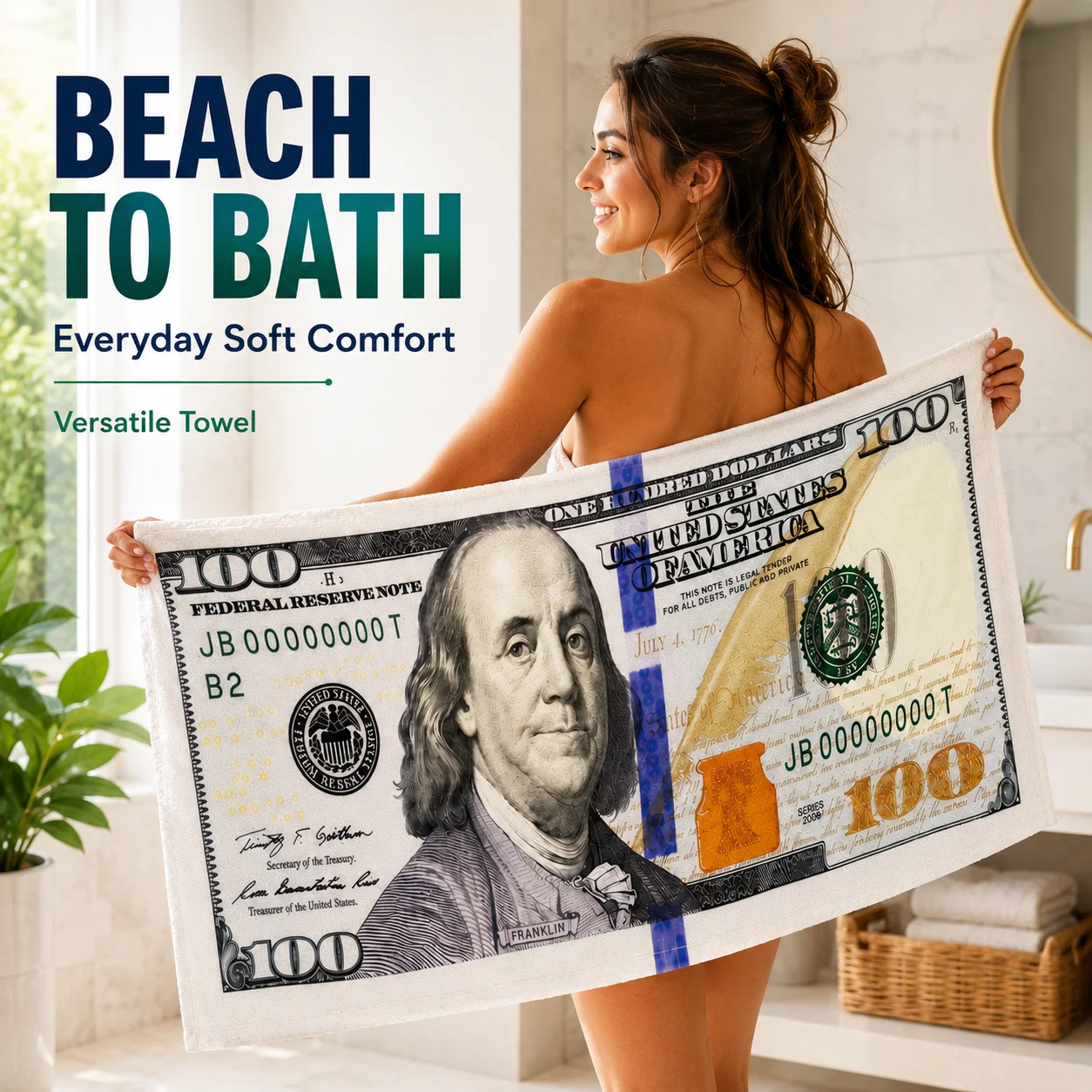 28 x 55 in Large Dollar Bill Beach Towel, Money Themed Print Soft Microfiber Quick Dry Towel, Novelty Home Decor Gift for Beach Vacation Pool Party