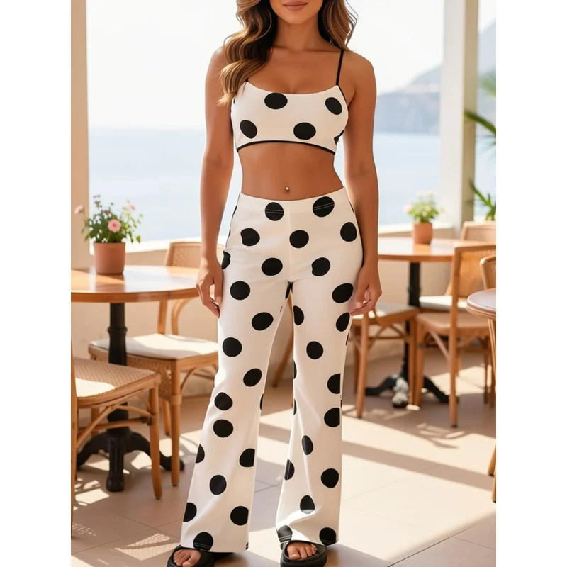 Polka dot printed flared pants are suitable for casual wear by teenagers aged 7 to 16