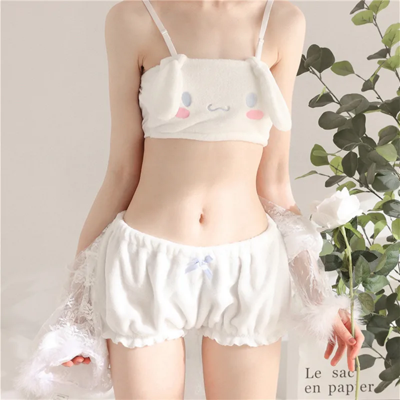 Piżama Kawaii Camis Wygodne pluszowe spodenki Homewear Urocza bielizna nocna z kreskówek Mleczny jedwabny zestaw bielizny damskiej