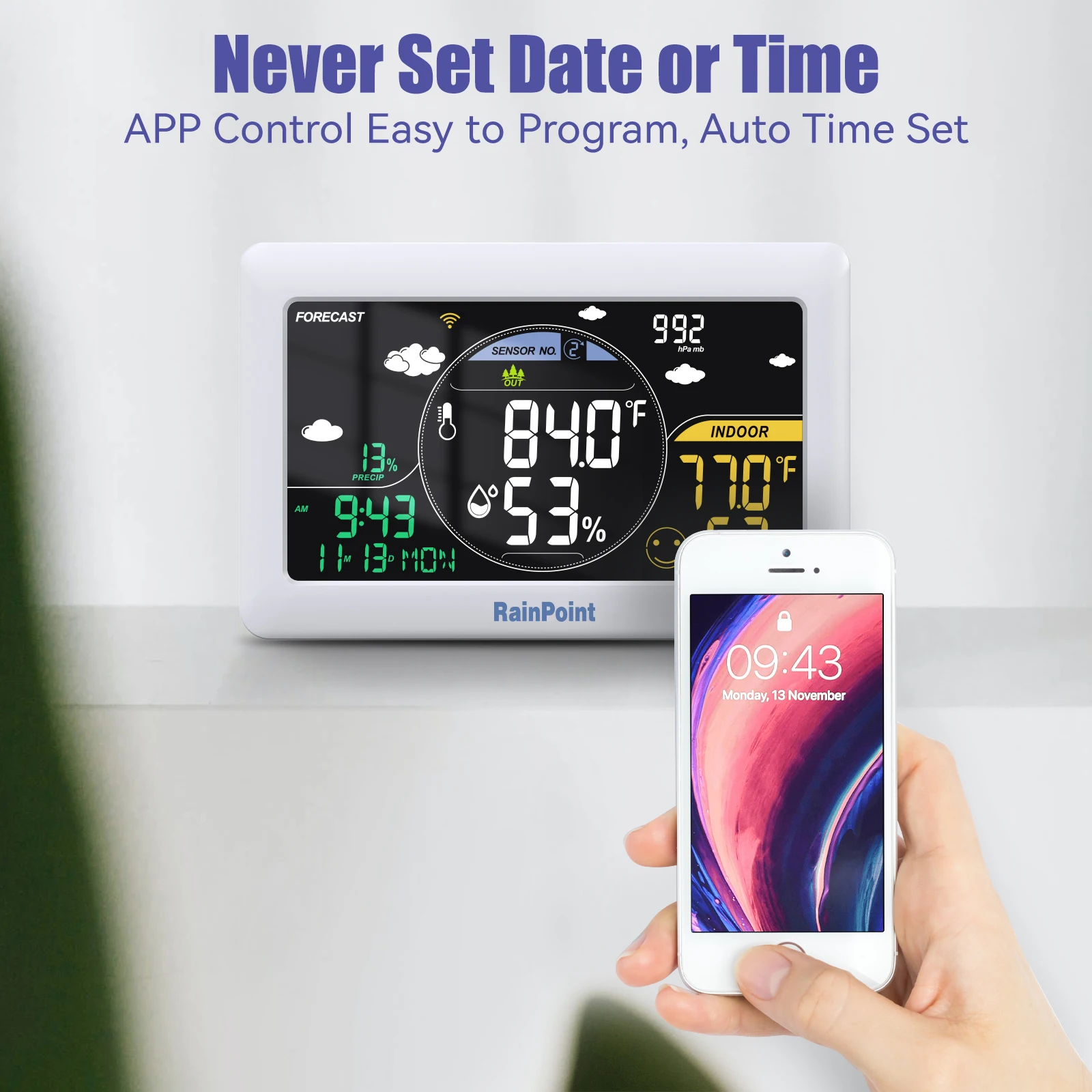 Rainpoint WiFi Weather Station Wireless In/Outdoor Thermometer Wall Alarm Clock Pressure App Online Real-time Forecast Monitor