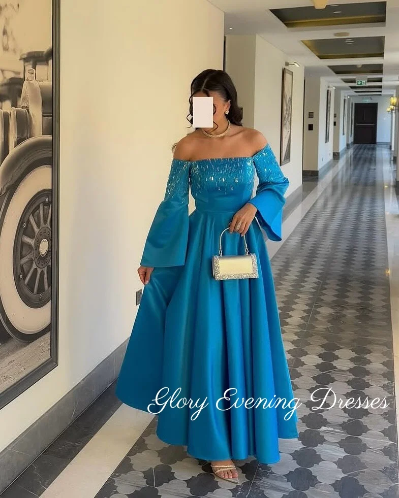 

Blue Stain Prom Dress Sequins Beaded Off Shoulder Evening Dresses Long Sleeves Wedding Dresses Party Dress Customized 2025