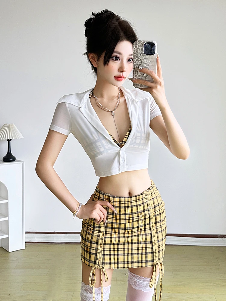 

Insglas Hottie 3-Piece Set Women Mini v-Neck Buttons Blouse+Plaid Halter Bra+Shirring Tassel Skirts Street Sexy Fashion Suits