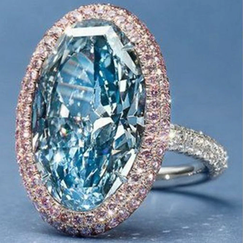 Huitan Hyperbole Oval Sky Blue Cubic Zirconia Rings Paved Pink CZ Gorgeous Women Wedding Ceremony Party Ring New Trendy Jewelry