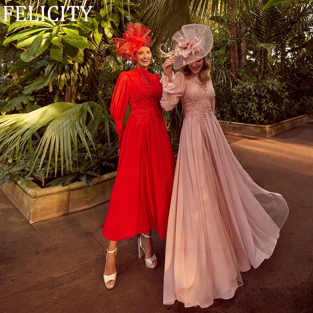 Felicity-Robe trapèze en mousseline de soie à col haut pour la mère de la mariée, robe de soirée longue, robes d'invité de mariage, appliques élégantes, 2024